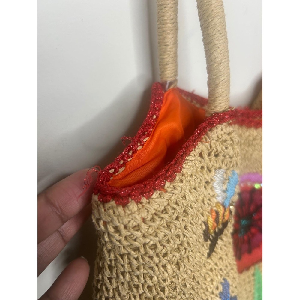 Petro Zillia Vintage Floral Embroidered Straw beaded Tote Bag Womens - Picture 10 of 14